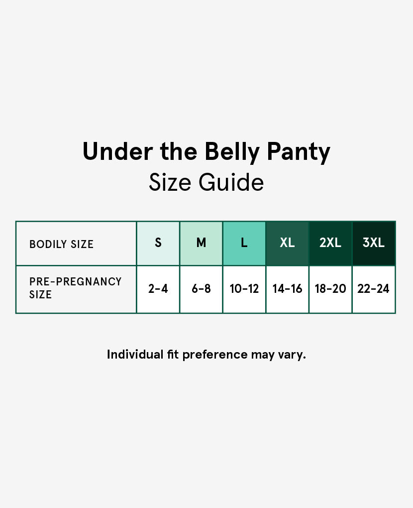 Size recommendations for Under the Belly Panty. Shown in Black/Grey/Lavender Haze.