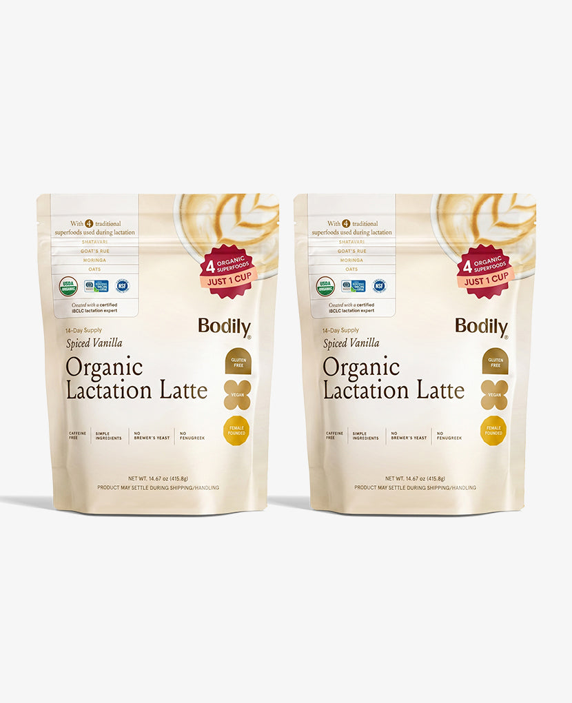 Two beige pouches labeled "Organic Lactation Latte: 2-Pack • Save 5%" stand side by side, displaying organic certification, a swirl latte image, and highlighting easy prep with 4 organic ingredients to support milk production.