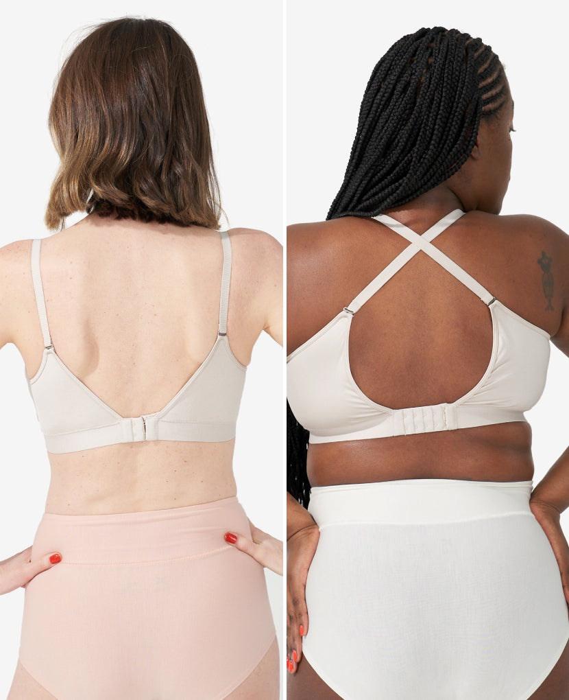 Fits comfortably through your body’s changes and fluctuations with our signature extended five-row back closure and adjustable straps that convert to racerback for more support. Nora (left), size 34C, wears a S in Moon. Tahirah (right), size 38D, wears a size L in Moon. 