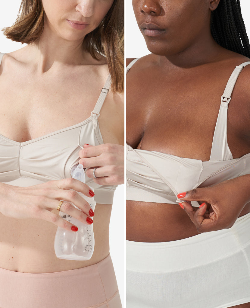 Designed with an IBCLC, our best selling Do Anything Bra offers hands-free pumping support and easy nursing access with just one layer of silky-smooth fabric. Nora (left), size 34C, wears a S in Moon. Tahirah (right), size 38D, wears a size L in Moon. 