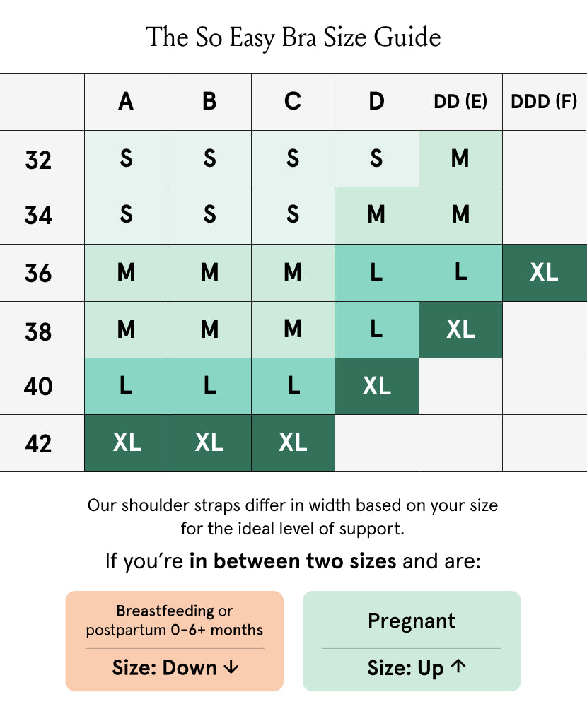 So Easy Bra size guide chart shown in Black, Lumen, Shell.