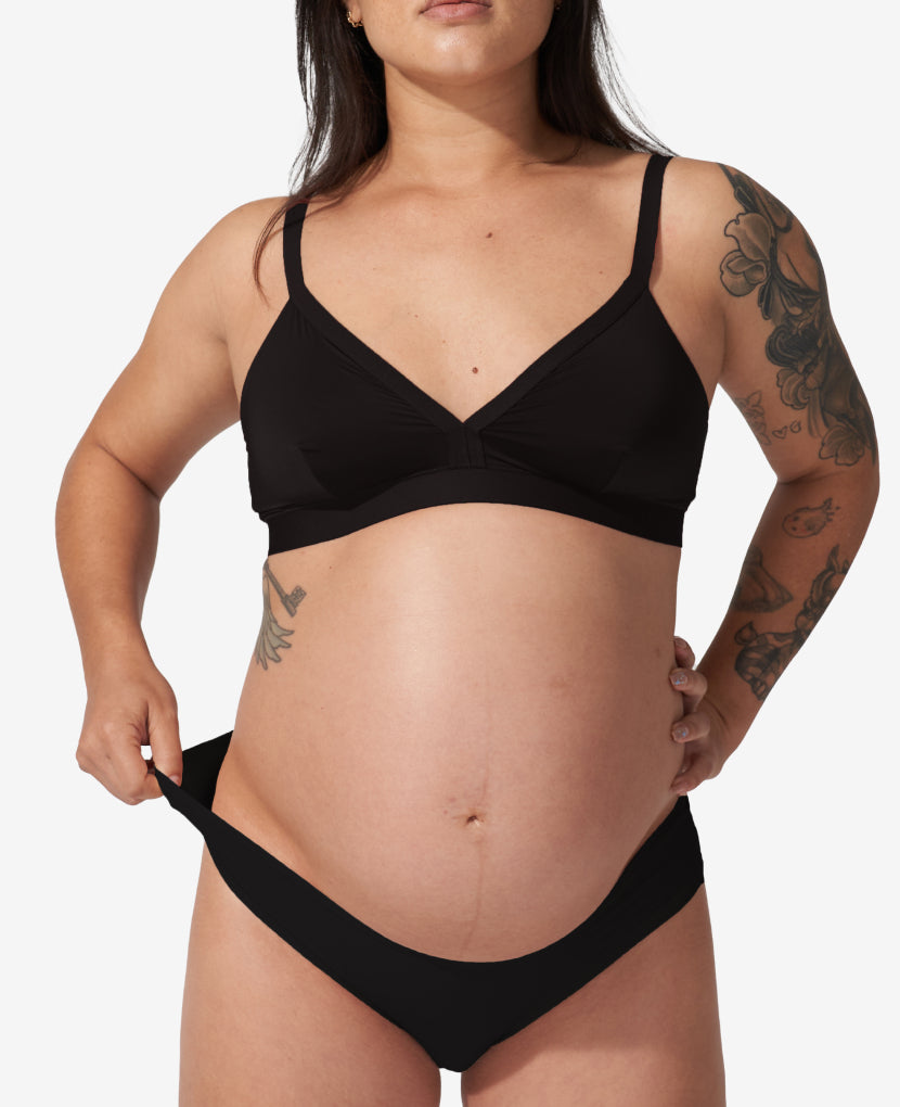 Ultimate in stretch and softness, now our best-selling fabric is designed to dip under your belly too. Available in Black.