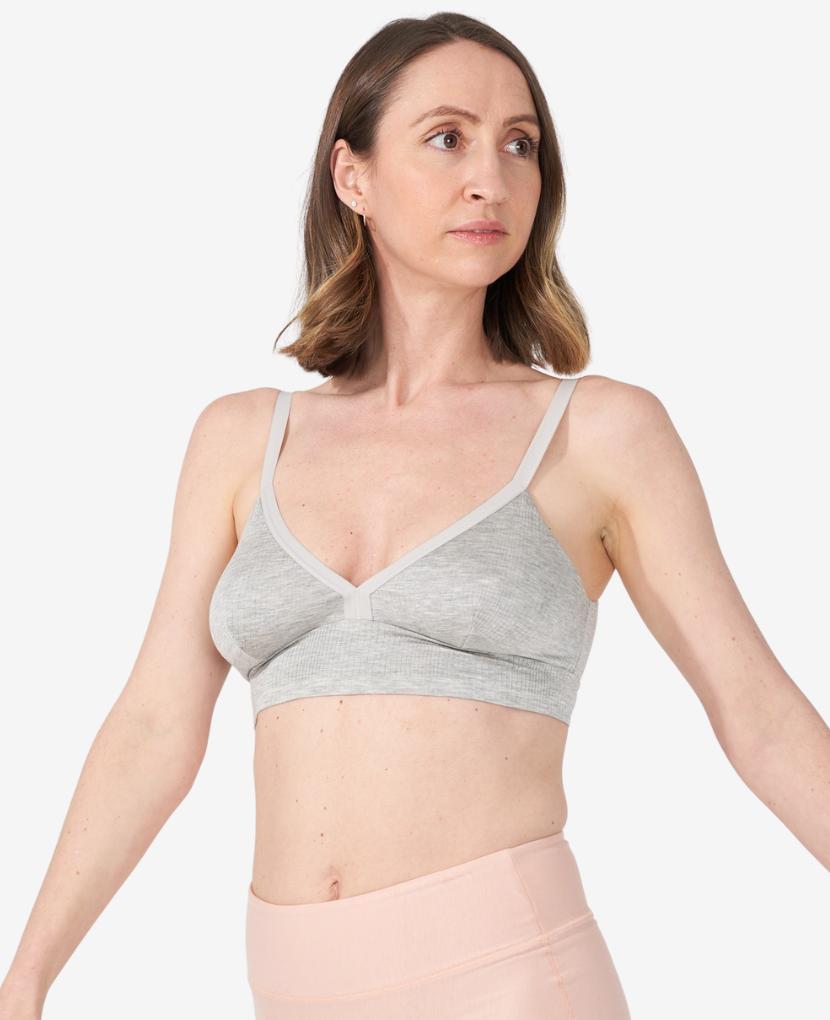 A Stage 1 pull-down maternity-through-nursing bralette – but make it chic with a triangle silhouette. Nora wears size S in Grey Marl.