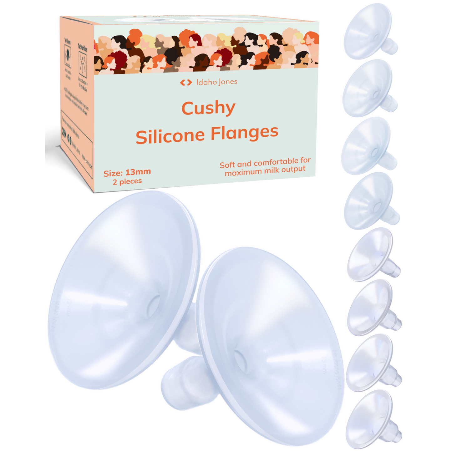 Silicone flanges with packaging labeled 'Cushy Silicone Flanges' by Koko Jones on a white background. 13mm 15mm 17mm 19mm 21mm 24mm 27mm 30mm Flange Sample Kit