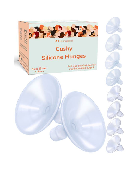 Silicone flanges with packaging labeled 'Cushy Silicone Flanges' by Koko Jones on a white background. 13mm 15mm 17mm 19mm 21mm 24mm 27mm 30mm Flange Sample Kit