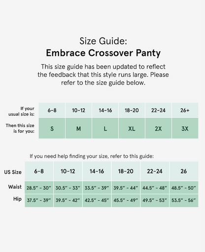 The Embrace Crossover Panty Size Guide. Available in Black and Chalk.