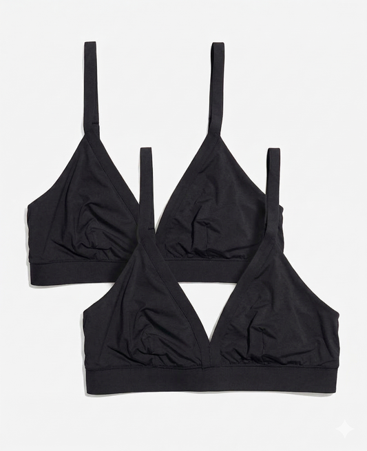 Two black, wireless "The So Easy Bra" nursing bras with adjustable straps are laid flat on a white background, overlapping slightly. Buy the 2-Pack and save 14%.