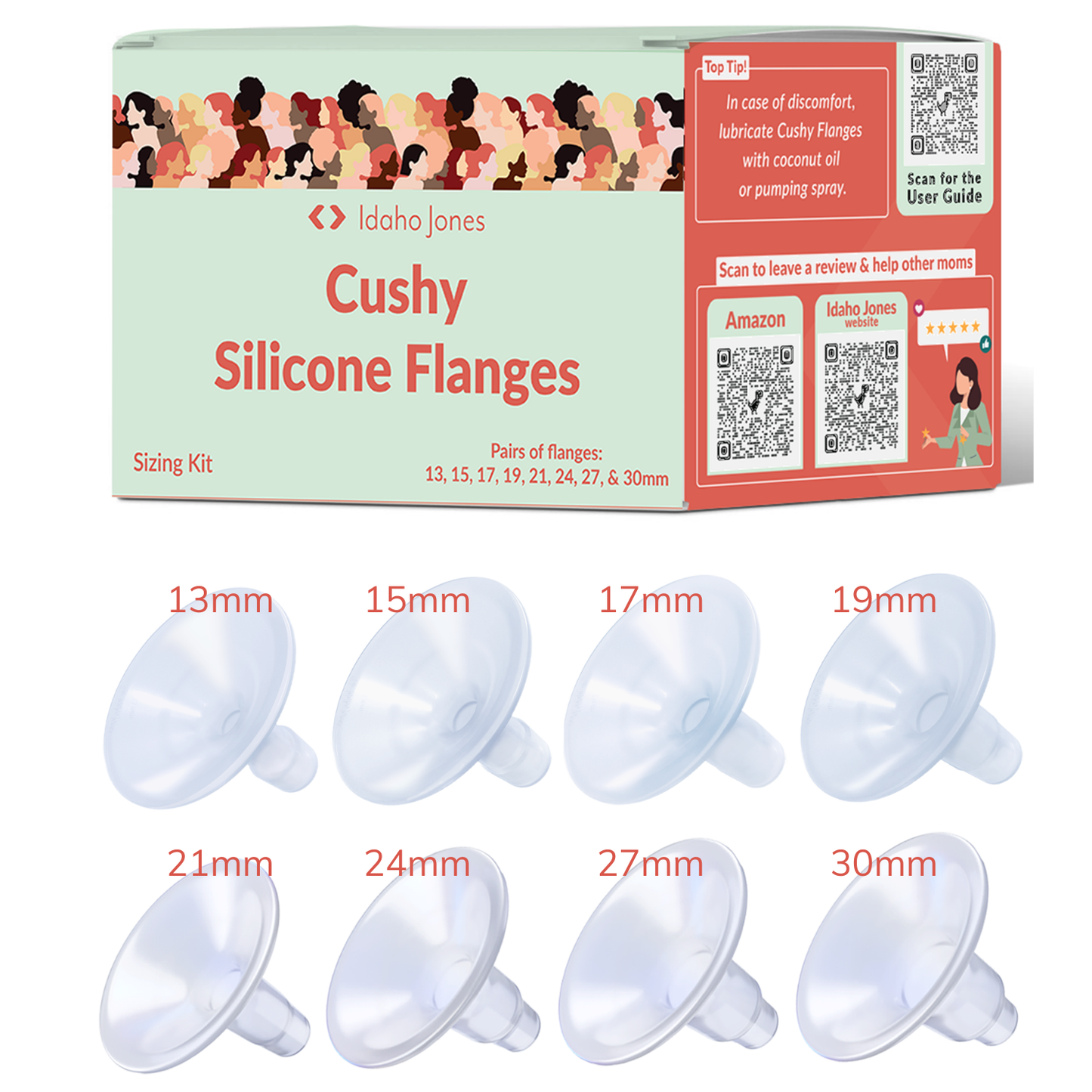 Cushy Silicone Flanges packaging with flanges of different sizes displayed below. 
Flange Sample Kit