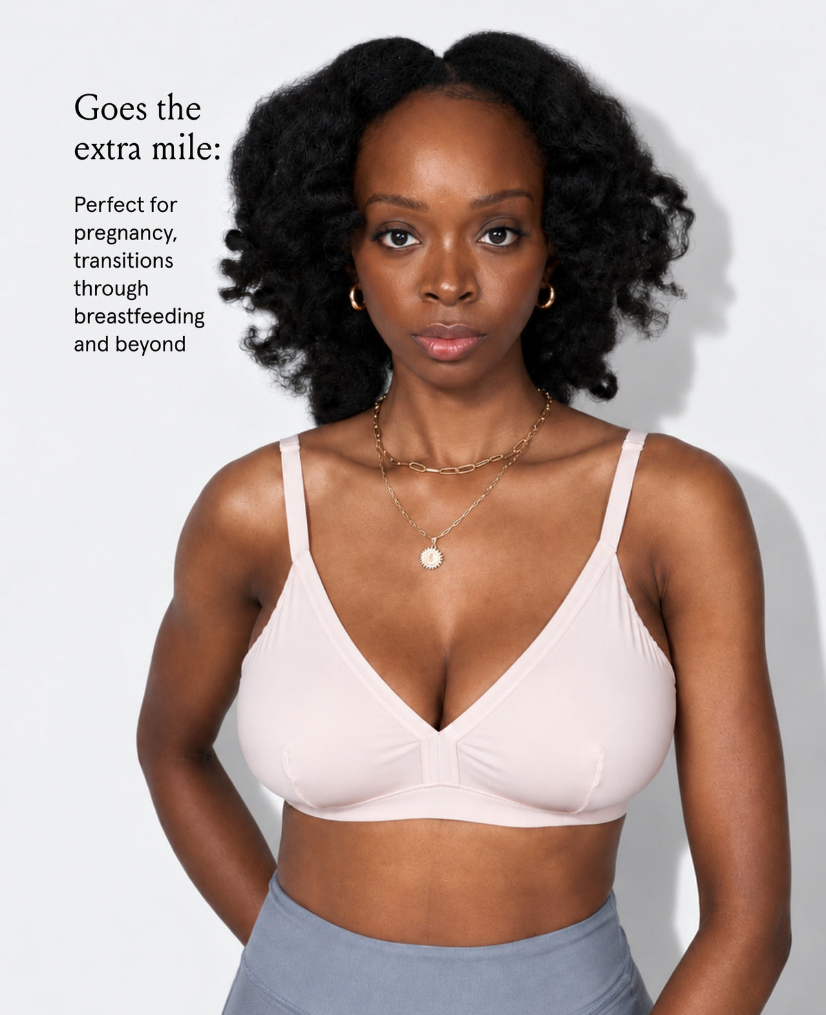 Pregnant woman wearing a shell colored maternity bra with text about its use during pregnancy and breastfeeding. Shown in Shell