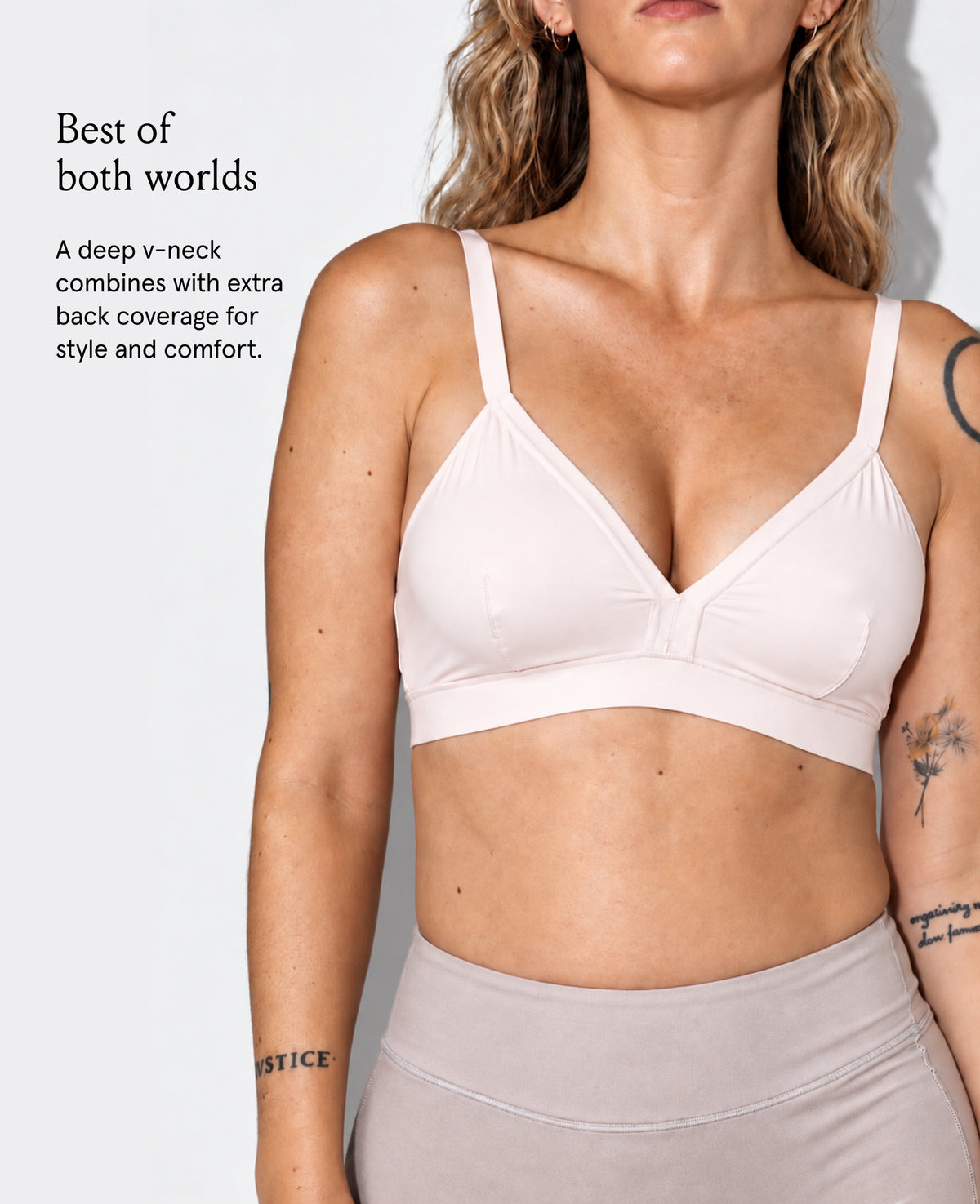 Woman wearing a shell colored bra with text about comfort. Shown in Shell