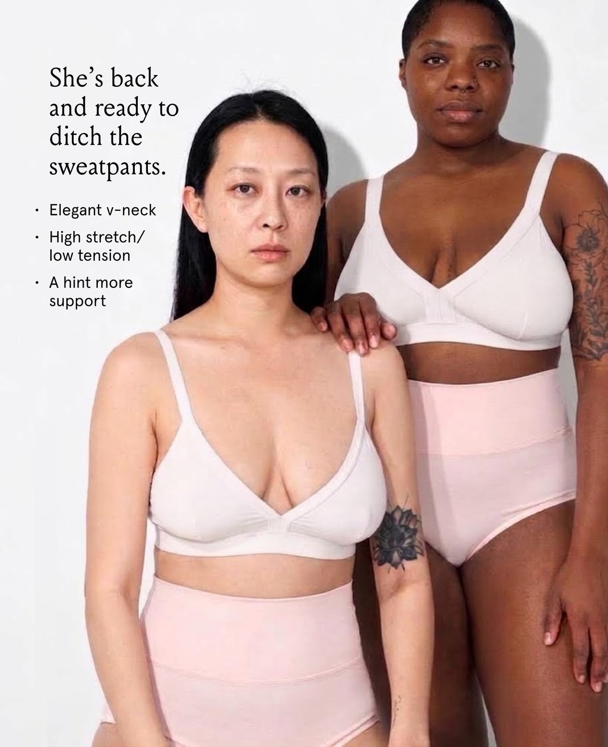 Two women wearing a shell bra on a plain background with text about high-stretch, low-tension. Shown in Shell.