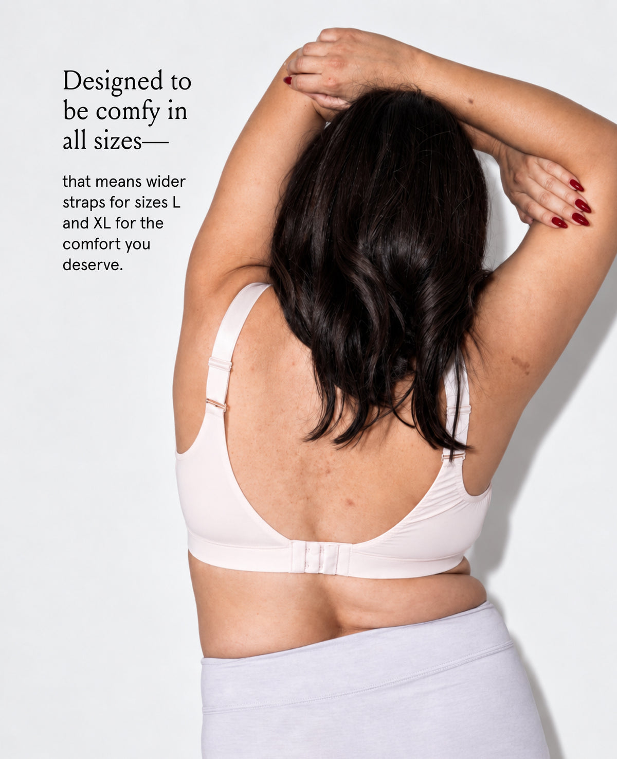 Woman wearing a shell colored bra with text describing its features on a light background. Shown in Shell