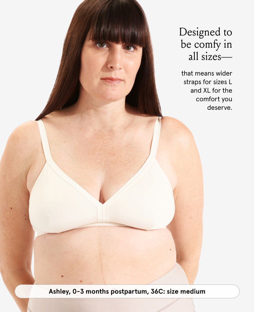 Woman wearing a shell colored bra with text about comfort in various sizes.