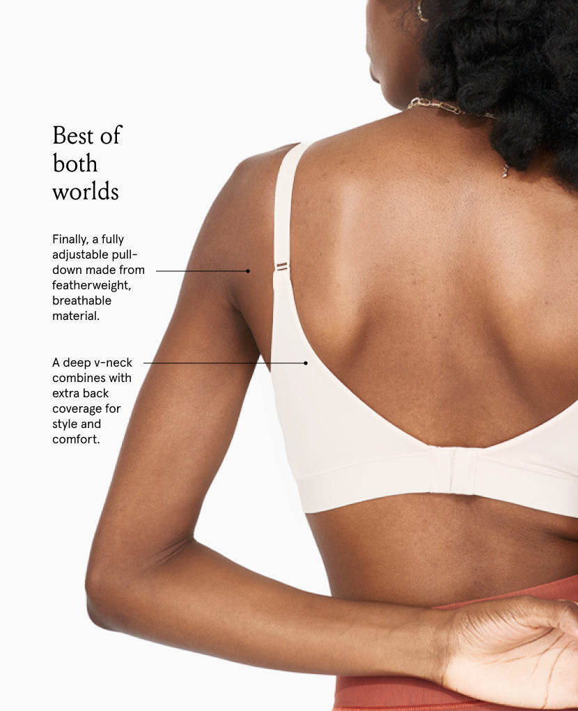 Woman wearing a shell colored bra with text describing its features on a light background