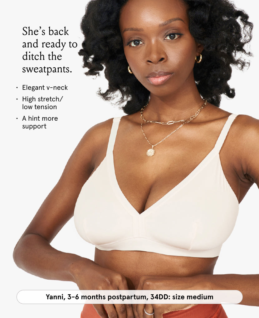 Woman wearing a shell bra with text about postpartum wear and product details.