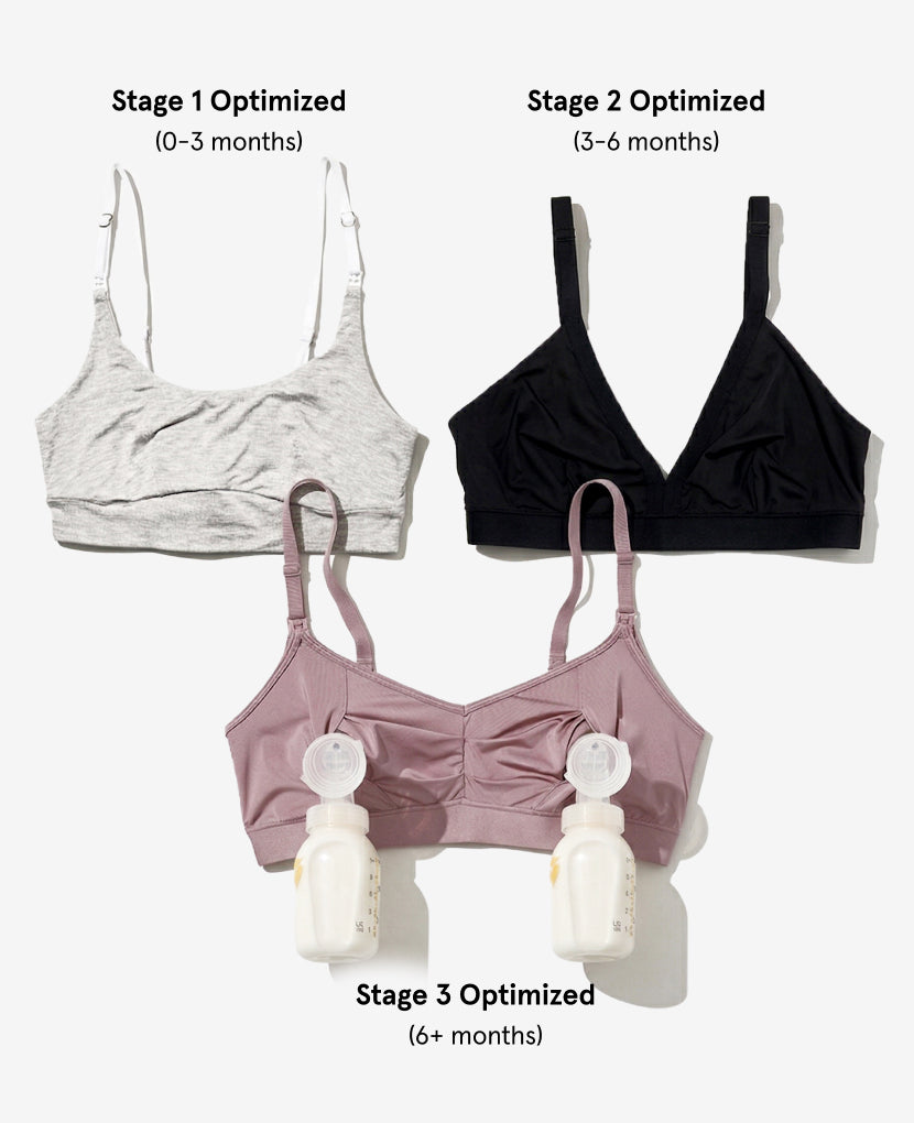 The Stages of Breastfeeding Bundle includes three bras: a light grey Stage 1 Optimized bra (0-3m), a black Stage 2 pump & nurse bra (3-6m), and a mauve Stage 3 bra with bottles (6+m).