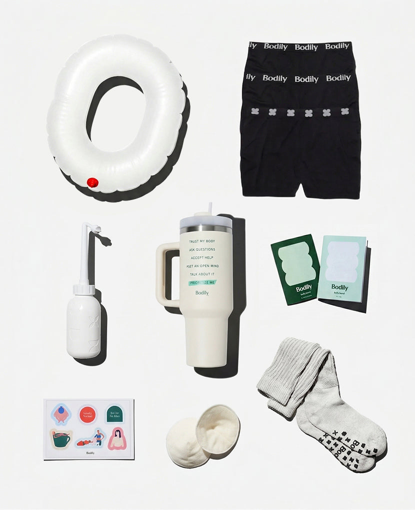 The Care for Birth Bundle • includes essentials for mom's hospital bag: inflatable cushion, black underwear, peri bottle, large cup with straw, sanitary pads, stickers, nursing pads, and gray grip socks.