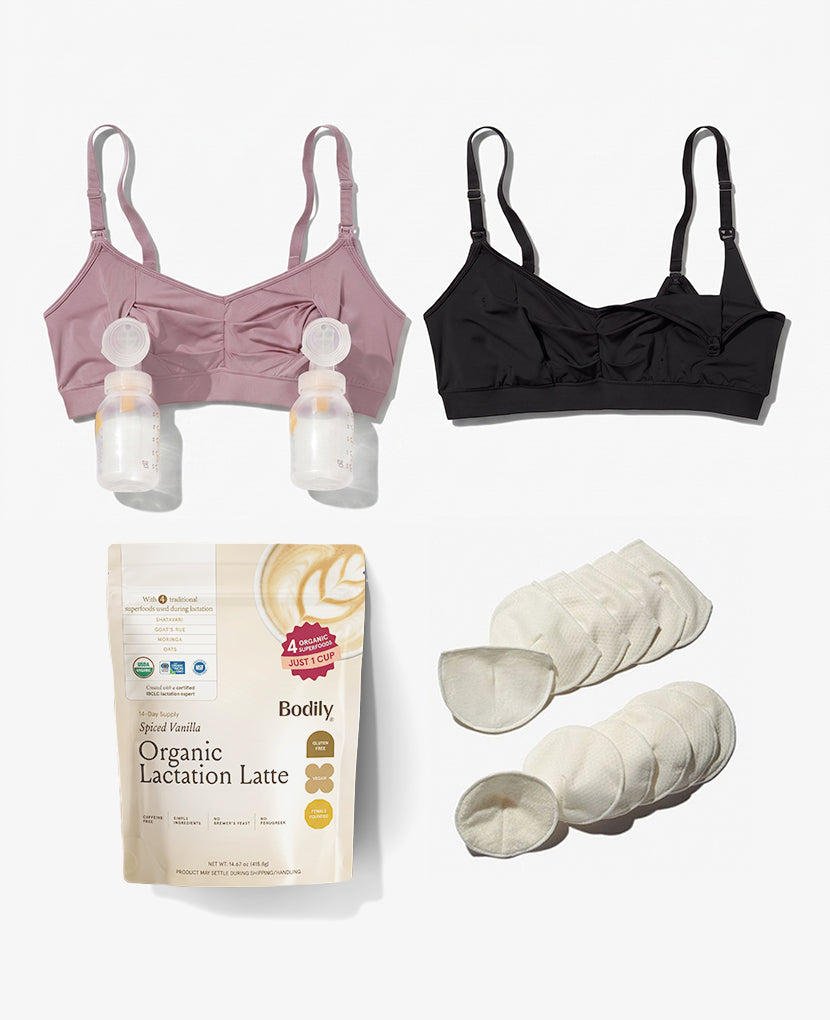 The Pumping 101 Set • Save 10% is displayed on a white background, featuring two pumping bras with breast pumps attached, a pack of reusable breast pads, and Bodily Organic Lactation Latte powder.
