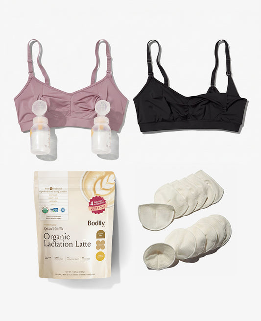 The Pumping 101 Set • Save 10% is displayed on a white background, featuring two pumping bras with breast pumps attached, a pack of reusable breast pads, and Bodily Organic Lactation Latte powder.