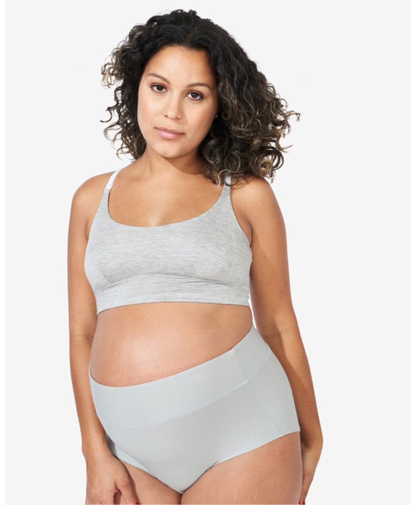 Wide band elastic waist is high enough to gently hug a pregnancy bump or healing core while covering a C-section incision without rubbing. Yaritza wears size Medium. Shown in Grey.