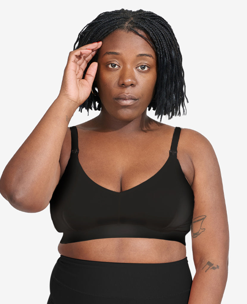 For more support in sizes L-XL, we increased the width of our straps. Tahirah, 38D, wears size Large in Katherine x Bodily Black.