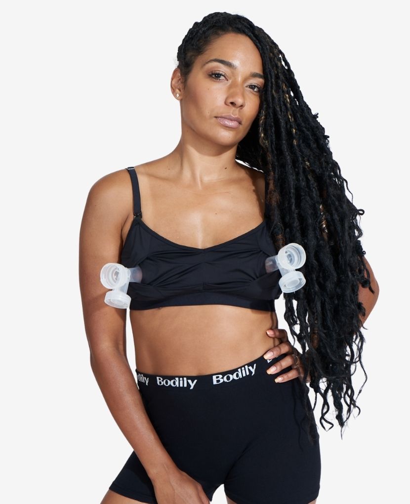 The Do Anything Bra is supportive enough to hold pumping parts and milk. Shown in Black. 