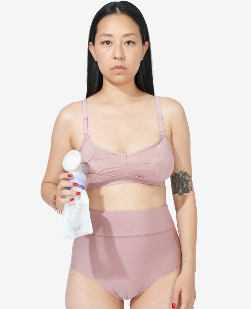 Super soft OEKO-TEX certified micromodal feels plush and gentle on sensitive skin through your body's changes. Ara wears a Small. Available in Black/Dusk/Slate.