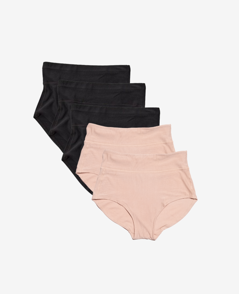 Craveably comfortable maternity-to-postpartum and C-section panty. Now available in a 5-Pack (shown in Black/Clay).