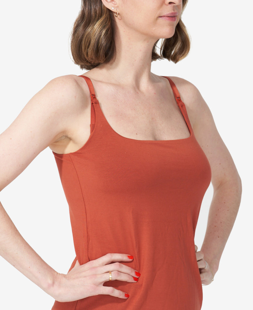 The Always-On Nursing tank features easy clip-down straps for easy feeding access. Shown in Ember.
