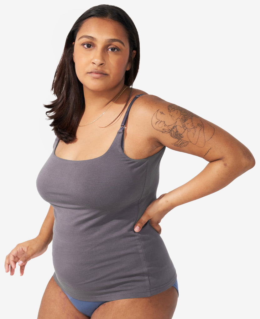 The Always-On Nursing Tank, in Anthracite, is made of super soft and stretchy OEKO-TEX certified fabric, and moves with you as your body transforms through postpartum & breastfeeding.