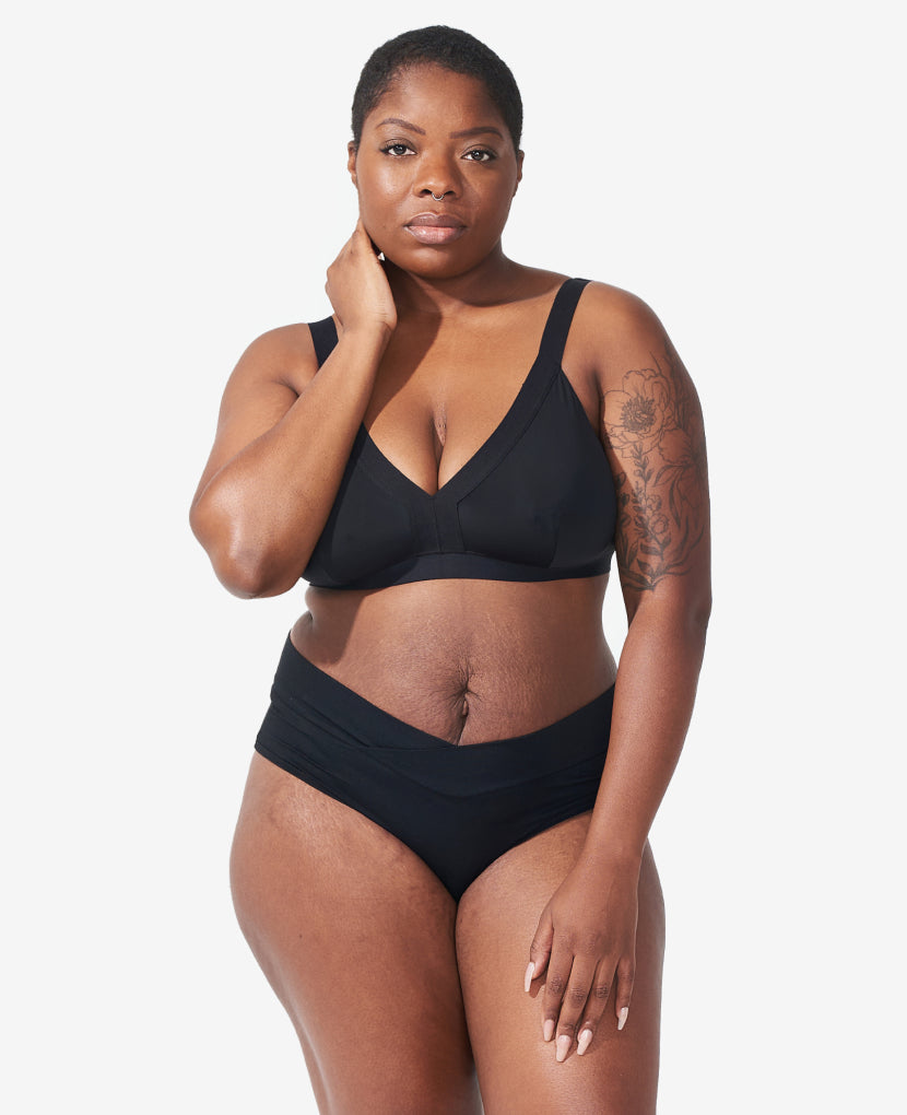 Our ultra-soft, OEKO-TEX micromodal is plush and gentle on a healing core. The mid-rise cut covers a C-section incision.  SaVonne, size 8 and 8 months postpartum, wears a Medium in Black.