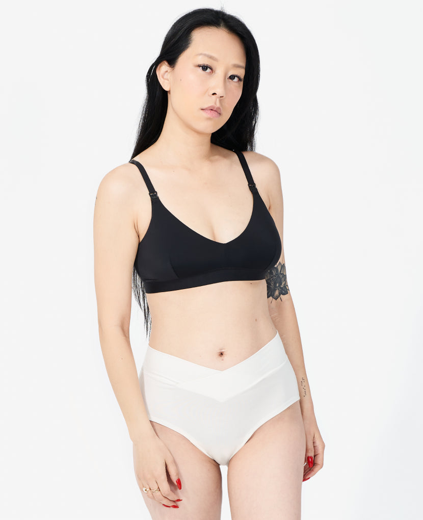Our ultra-soft, OEKO-TEX 100 certified micromodal is plush and gentle on a healing core. The mid-rise cut covers a C-section incision. Ara, size 4 and 10 months postpartum, wears size Small in Chalk.