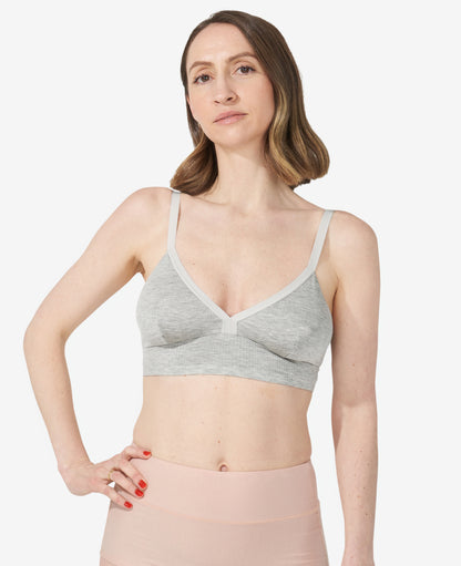 A Stage 1 pull-down maternity-through-nursing bralette – but make it chic with a triangle silhouette. Nora, 34C, wears a size S in Grey Marl.