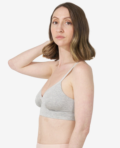 Developed with an IBCLC to optimize breast health, even in Stage 1, when the risk is highest for breastfeeding complications. Nora, 34C, wears a size S in Grey Marl. 