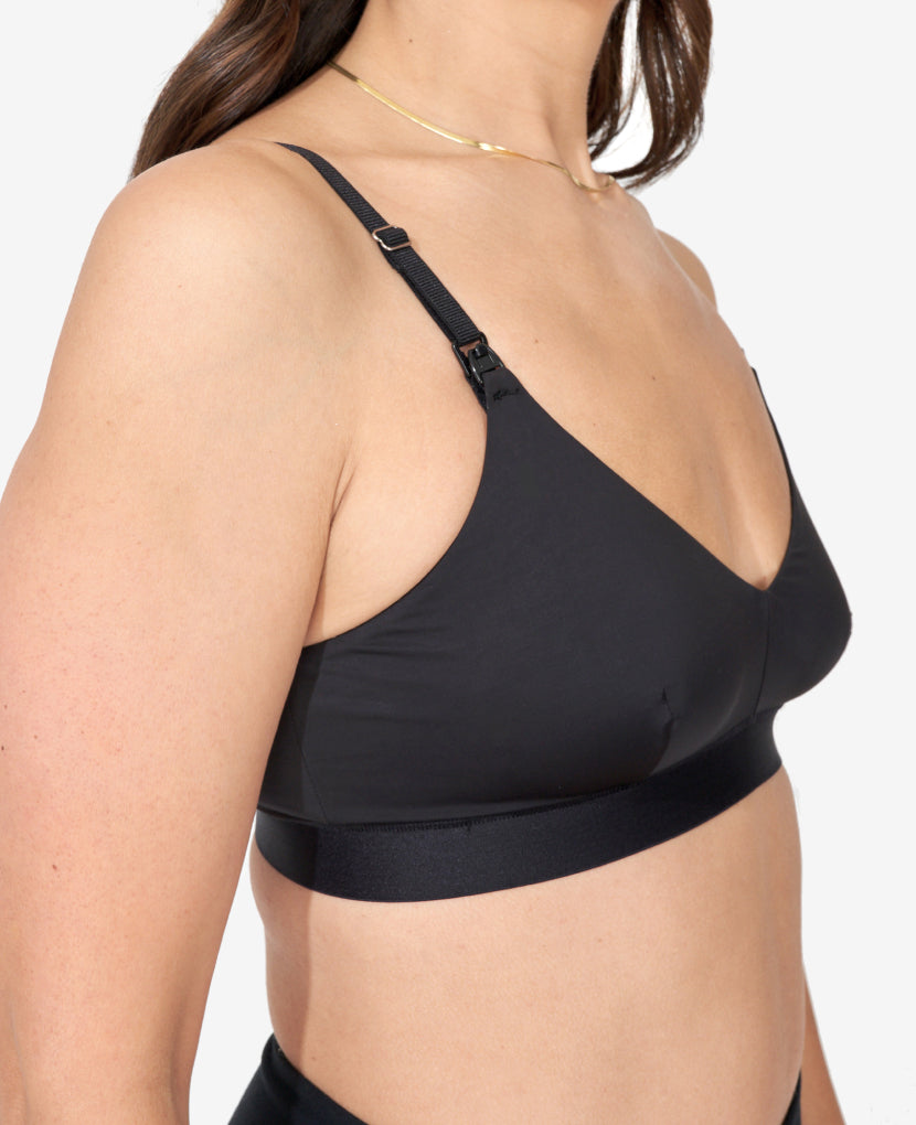 Developed with an IBCLC, this versatile bra prioritizes breast health while re-introducing a bit of structure. Melissa wears a S in Black.