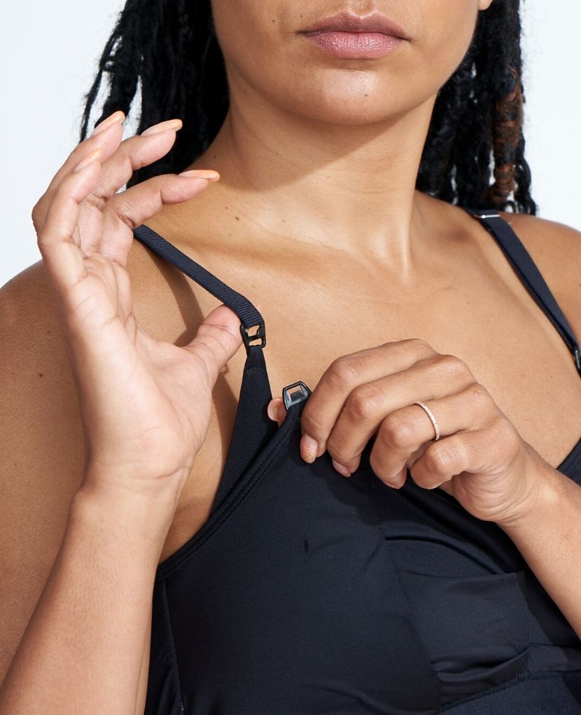 Move back and forth freely from nursing to pumping in our Black Do Anything Bra with easy one-handed secure-snap nursing clips.