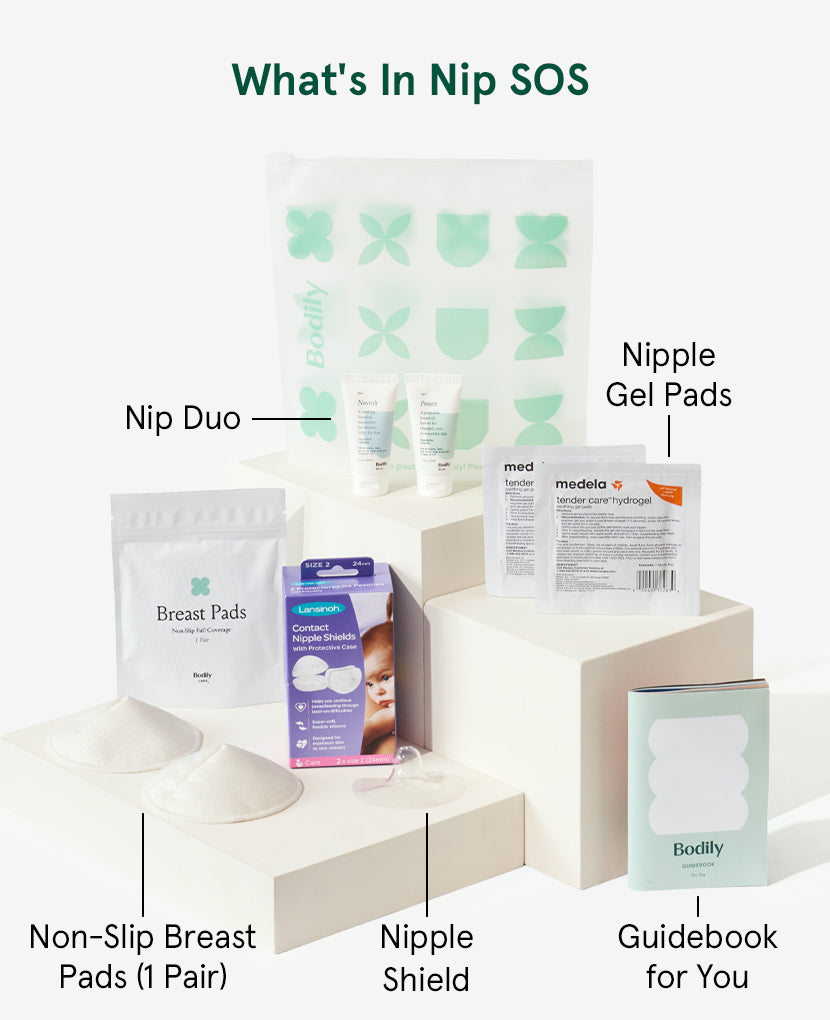 Including balms for soothing and healing, gel pads for cooling, breast pads for pillow comfort, a guidebook with breastfeeding resources, and a nipple shield just in case.