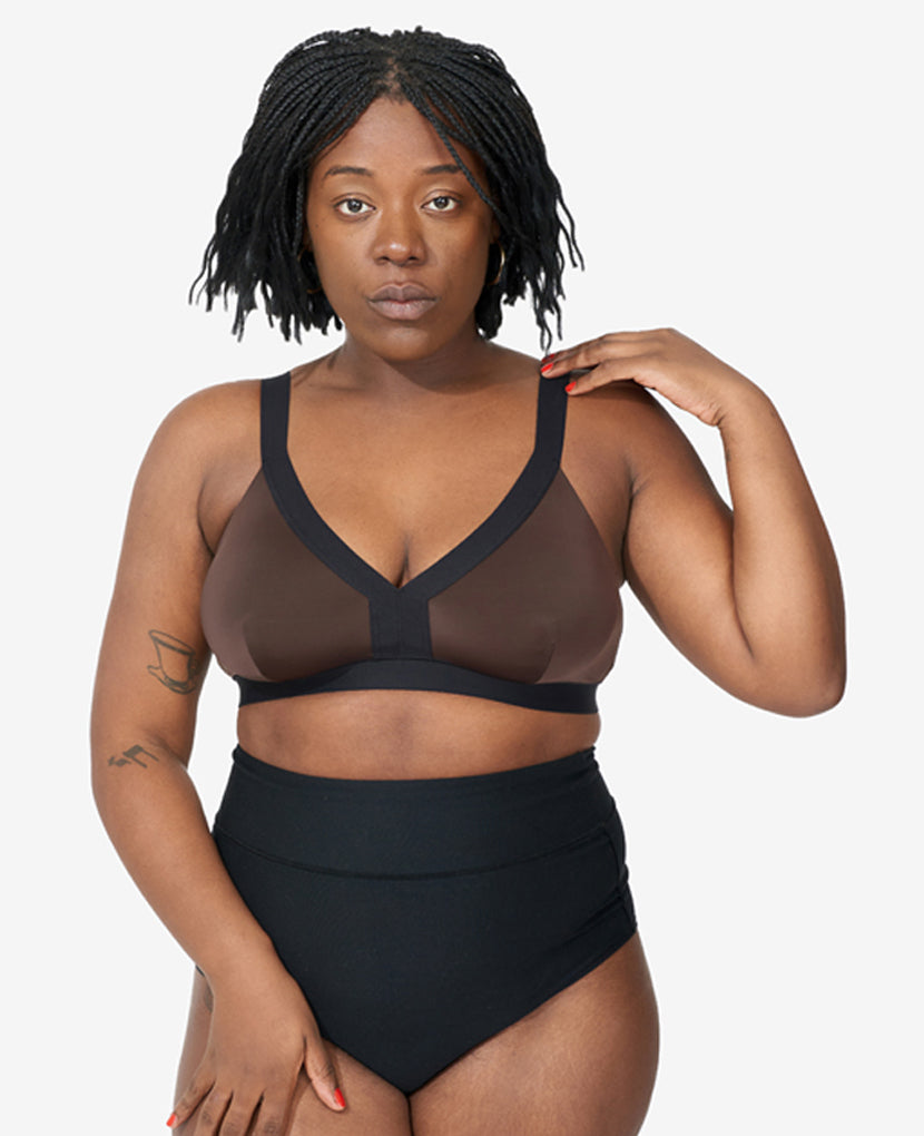 Size Large and X-Large feature thicker straps for additional support, as pictured. Tahirah is size 38D and wears a Large in Java.