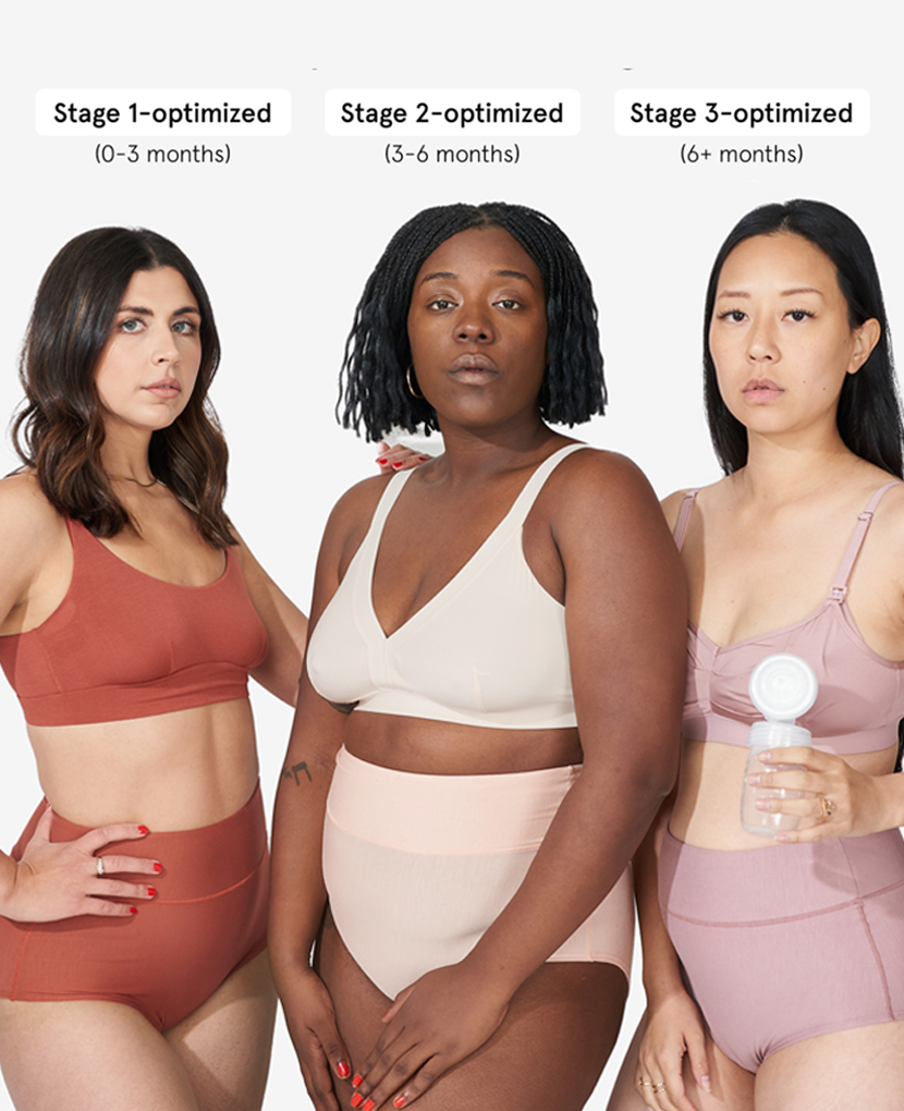 From left to right: The Everything Bra (Stage 1-optimized), The So Easy Bra (Stage 2-optimized), and The Do Anything Bra (Stage 3-optimized).